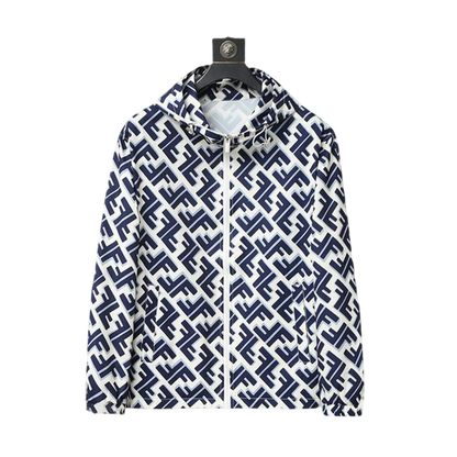 Fendi Blue And White Hooded Jacket With Signature FF Monogram Print