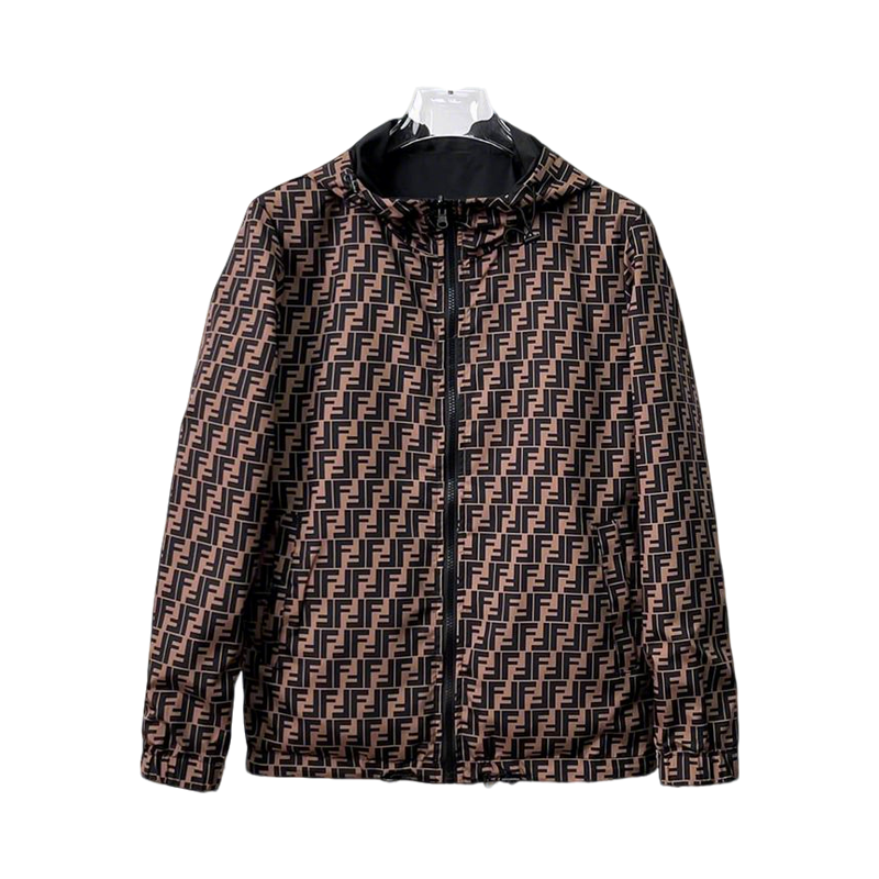 Fendi Brown Hooded Jacket With Signature FF Monogram Pattern
