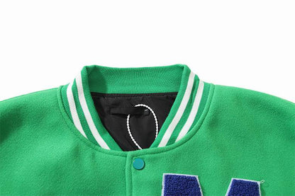 FOG Stylish Green/Black Varsity Jacket With Unique Patches And Embroidery