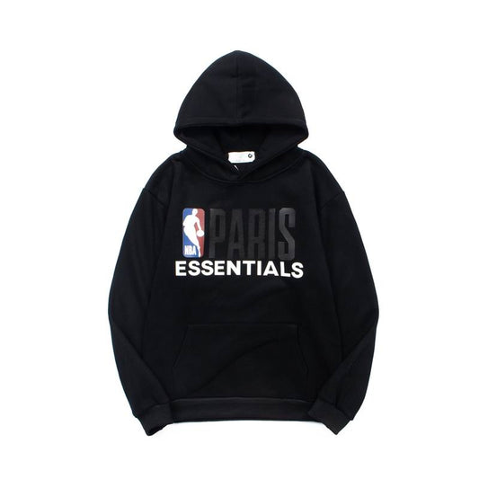 Fear Of God Grey Hoodie With NBA Paris Essentials Print For Sports Fashion Fans