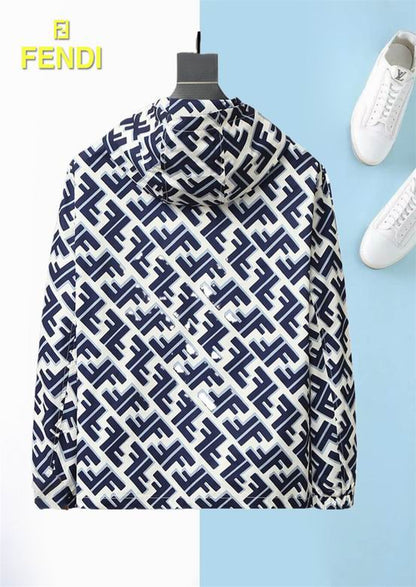 Fendi Blue And White Hooded Jacket With Signature FF Monogram Print