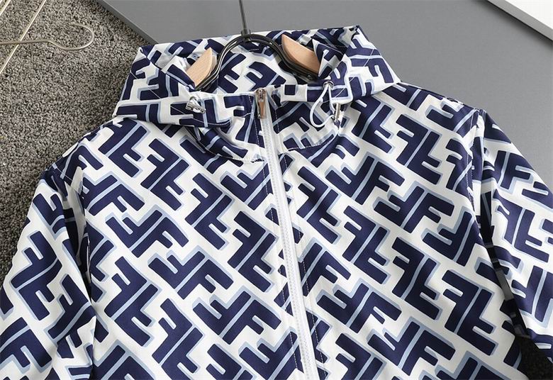 Fendi Blue And White Hooded Jacket With Signature FF Monogram Print