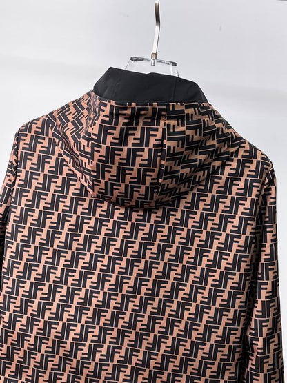 Fendi Brown Hooded Jacket With Signature FF Monogram Pattern