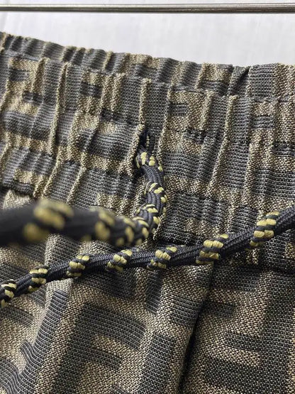 Fendi Men Olive Green FF Logo Print Elastic Waist Casual Shorts