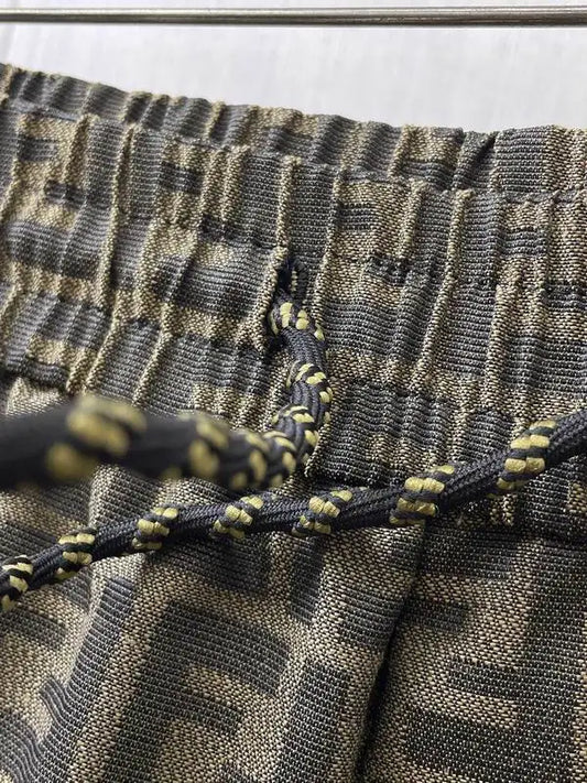Fendi Men Olive Green FF Logo Print Elastic Waist Casual Shorts