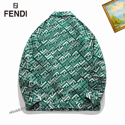 Fendi Green Patterned Shirt Jacket With Bear Patch And Geometric Design