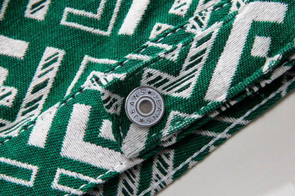 Fendi Green Patterned Shirt Jacket With Bear Patch And Geometric Design