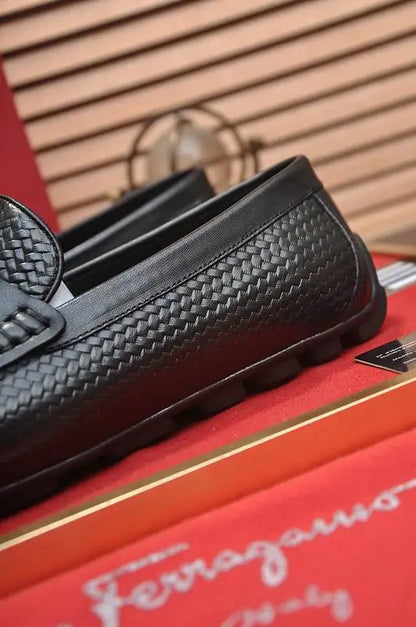 Salvatore Ferragamo Men's Black Woven Leather Gancini Loafers