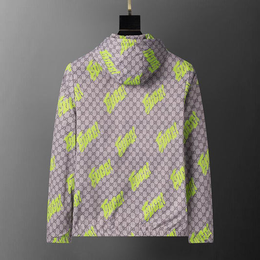 Gucci Hooded Jacket With Neon Logo And GG Pattern