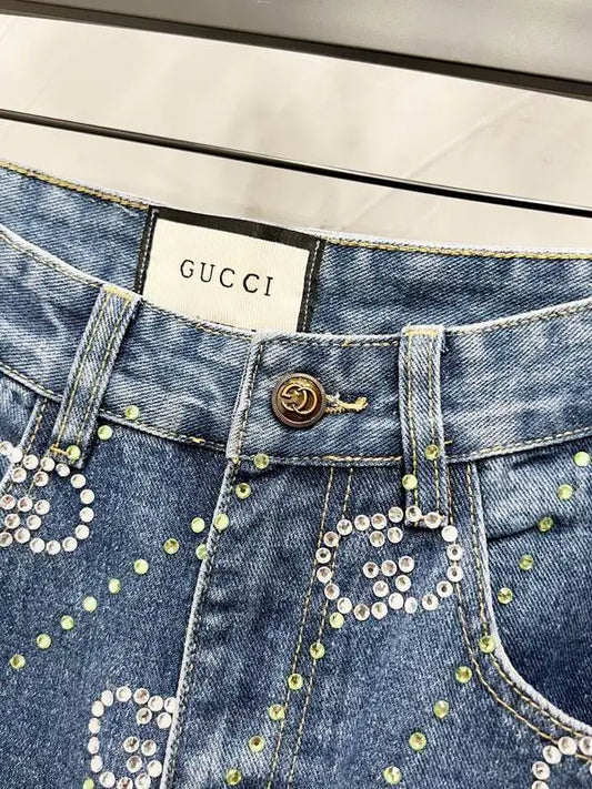 Gucci Blue Denim Jeans With Crystal GG Pattern