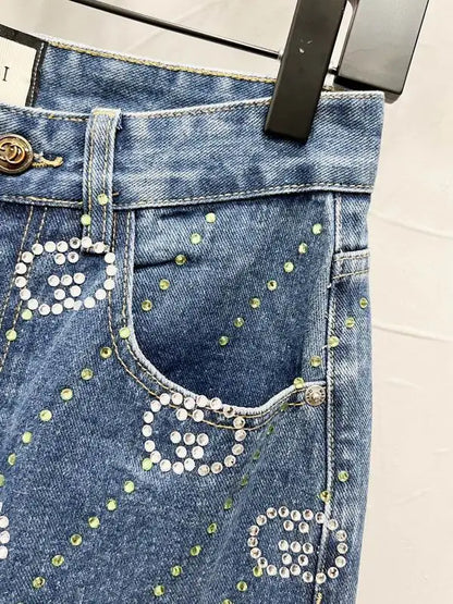 Gucci Blue Denim Jeans With Crystal GG Pattern