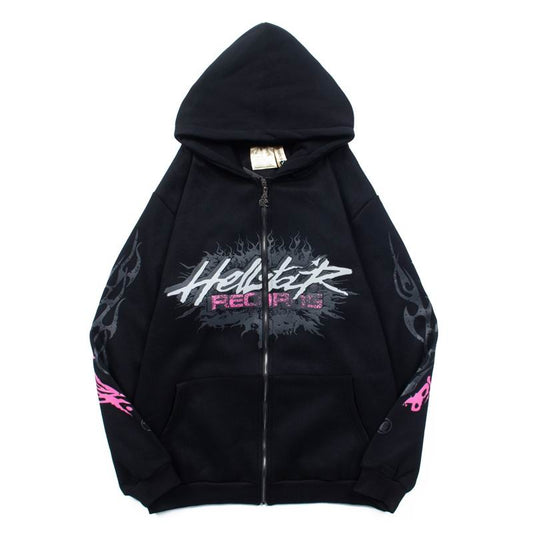 White Hooded Zip - Up Jacket With Hellstar Graphic And Flame Details