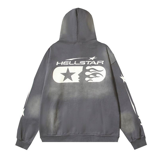 Dark Gray Hooded Jacket With Hellstar Star And Flame Prints
