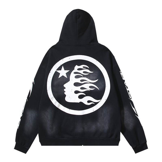 Black Hooded Zip - Up Jacket With Hellstar Graphics And Details