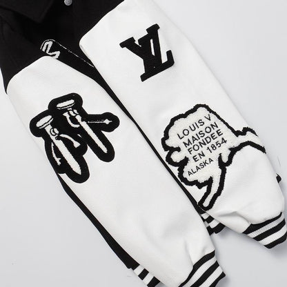Louis Vuitton Black And White Varsity Jacket With Patches And Embroidery
