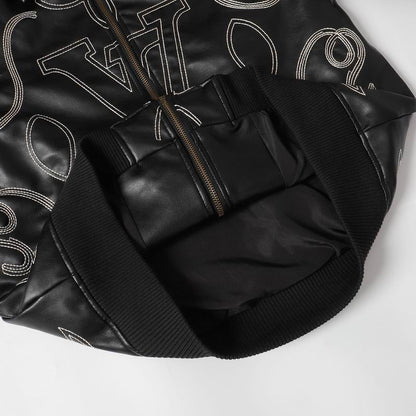Louis Vuitton Black Leather Jacket With White Stitched Monogram Patterns