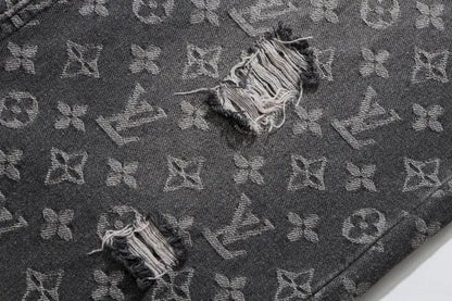 Louis Vuitton Men's Grey Monogram Denim Jeans With Distressed Details