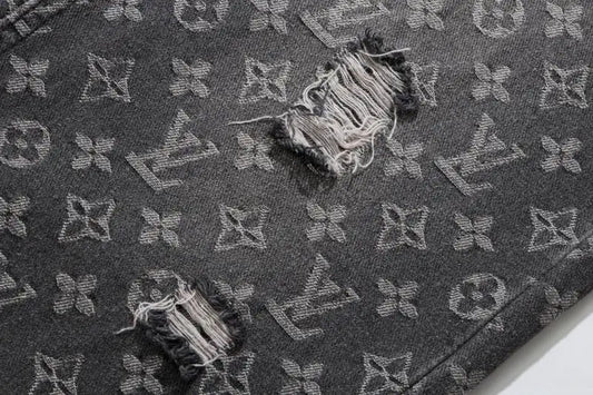 Louis Vuitton Men's Grey Monogram Denim Jeans With Distressed Details