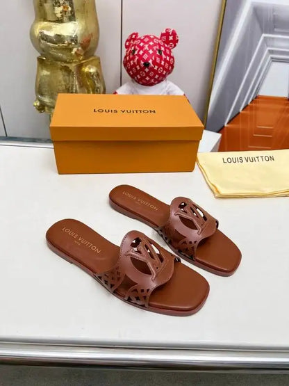 Louis Vuitton Brown Leather Cut - Out Slides For Women
