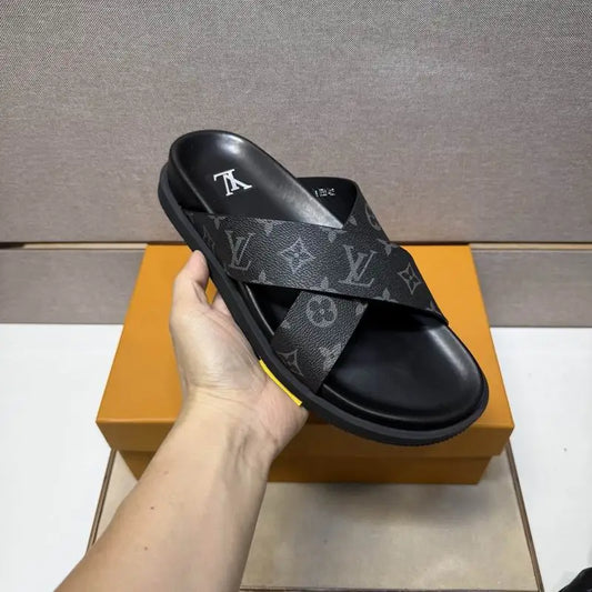 Louis Vuitton Men's Monogram Cross Strap Slide Sandals For Stylish Comfort