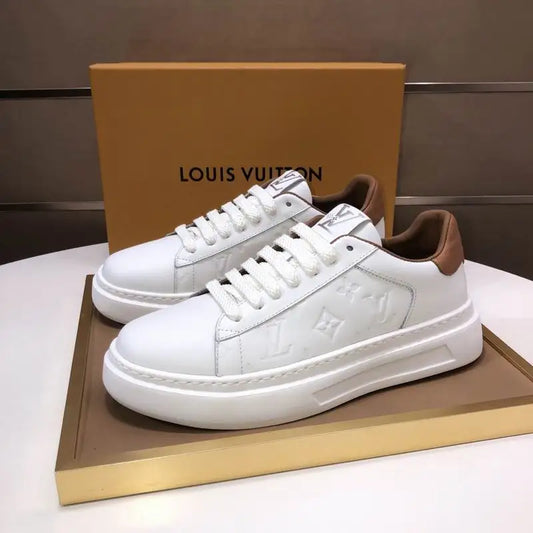 Louis Vuitton Men's Black Leather Sneakers With Embossed Logo And Contrast Details