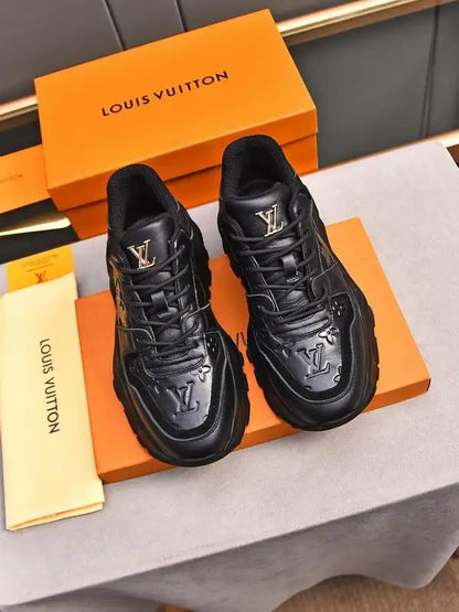Louis Vuitton Men's Black Leather Sneakers With Unique Textured Sole