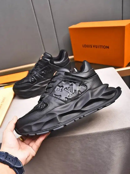 Louis Vuitton Men's Black Leather Sneakers With Unique Textured Sole