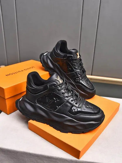 Louis Vuitton Men's Black Leather Sneakers With Unique Textured Sole