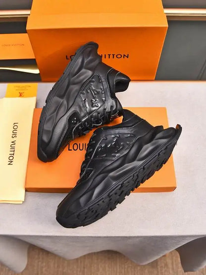 Louis Vuitton Men's Black Leather Sneakers With Unique Textured Sole