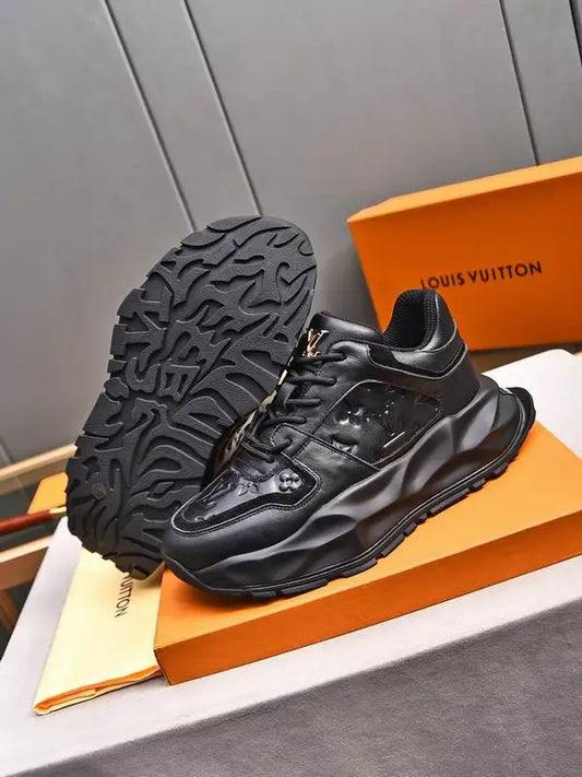 Louis Vuitton Men's Black Leather Sneakers With Unique Textured Sole