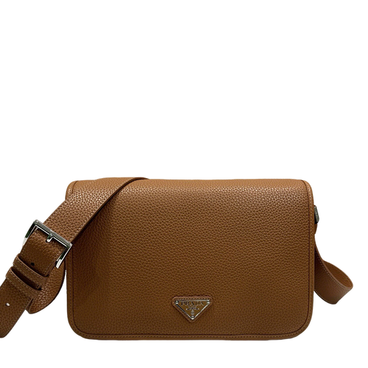 Prada Brown/Black/Gray Grained Leather Crossbody Bag With Signature Logo Plate 2VD075