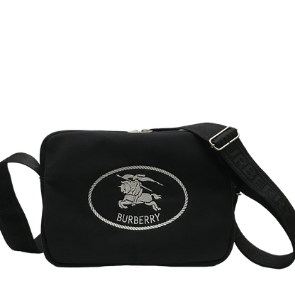 Classic Black Burberry Messenger Bag With Equestrian Knight Logo And Adjustable Strap Style No.265
