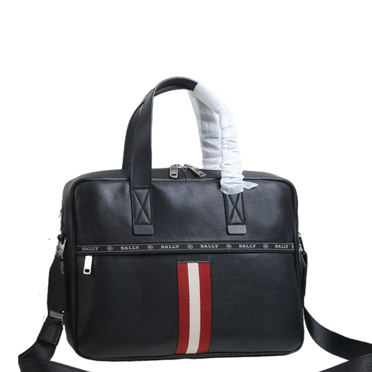 Black Bally Leather Briefcase With Signature Striped Accent And Branded Details For Professional Use Style No.63808