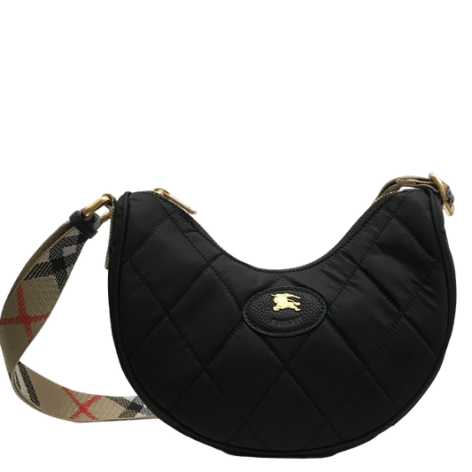 Stylish Black/Red Quilted Burberry Crescent Bag With Checkered Strap And Gold Logo Style No.235