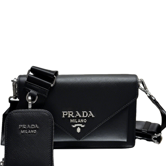 Prada Black Saffiano Leather Crossbody Bag With Detachable Pouch 1BP020