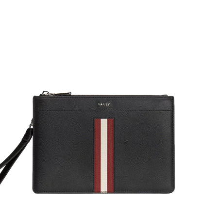 Black Bally Leather Clutch With Signature Striped Accent And Wrist Strap For Sophisticated Style No.1825
