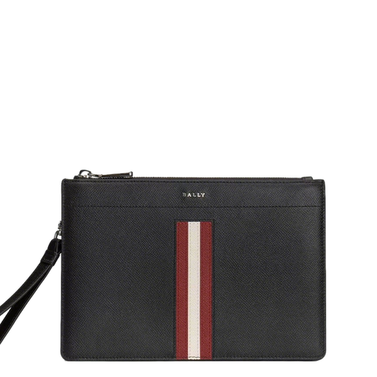 Black Bally Leather Clutch With Signature Striped Accent And Wrist Strap For Sophisticated Style No.1825