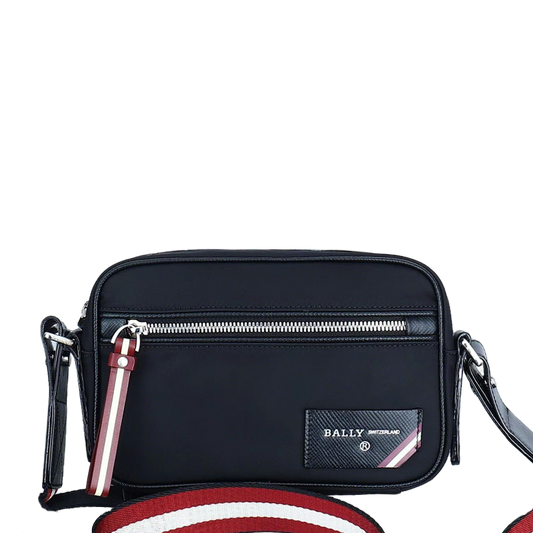 Black Bally Nylon Crossbody Bag With Striped Accent And Functional Zipper Pockets Style No.2114