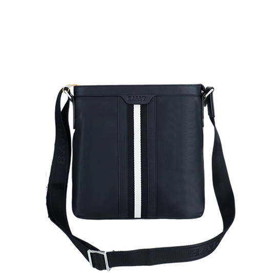 Black Bally Leather Crossbody Bag With Signature White Striped Accent And Adjustable Strap Style No.5855