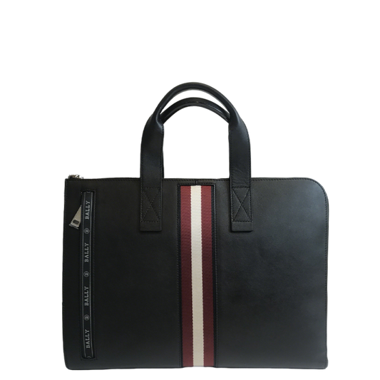 Black Bally Leather Briefcase With Signature Striped Accent And Branded Tag For Professional Elegance Style No.5999