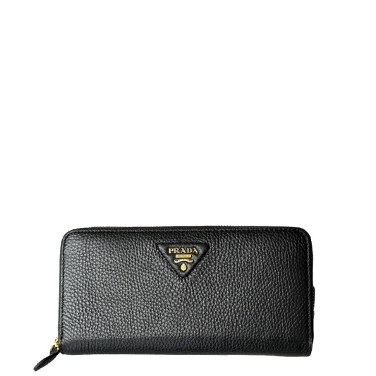 Prada Black Grained Leather Zip - Around Wallet With Gold Logo 1ML506
