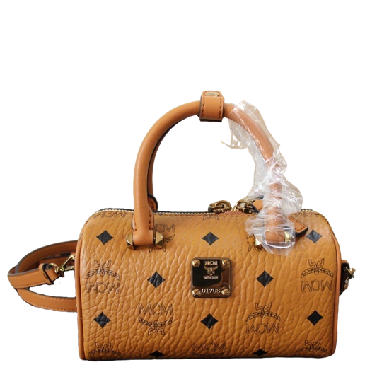 MCM Brown Visetos Coated Canvas Mini Boston Bag With Logo Plate 30199