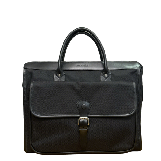 Hermès Black Canvas Briefcase With Leather Trim And Buckle Closure