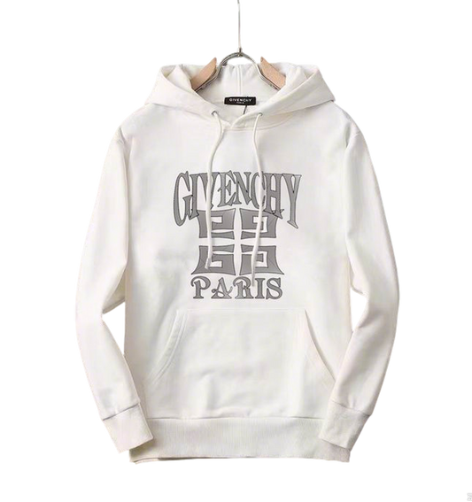 Cream Givenchy Hoodie with Grey Paris Logo and Geometric Pattern