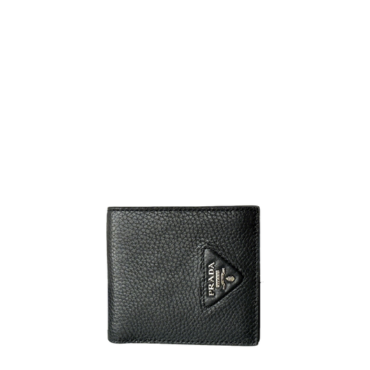 Prada Black Grained Leather Bi - Fold Wallet With Signature Logo 2M0513