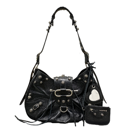 Black Balenciaga Studded Hobo Bag with Heart - Shaped Charm and Mini Pouch for Edgy Fashion Style No.3725