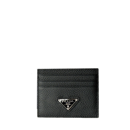 Prada Black Grained Leather Card Holder With Iconic Logo Plate 1MC025