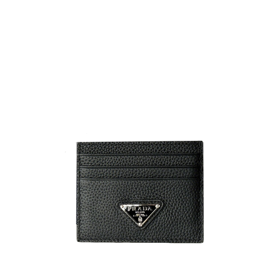 Prada Black Grained Leather Card Holder With Iconic Logo Plate 1MC025