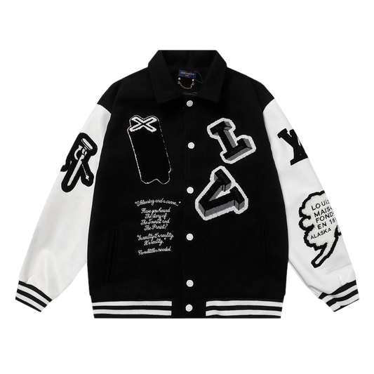 Louis Vuitton Black And White Varsity Jacket With Patches And Embroidery