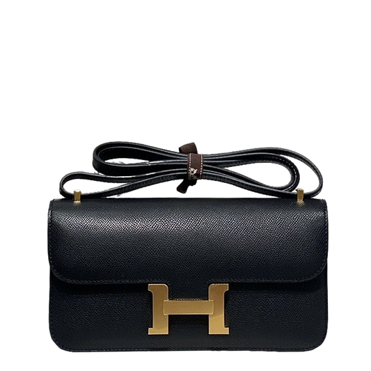 Sophisticated Hermès - Style Black Leather Crossbody Bag with Gold H Buckle p66